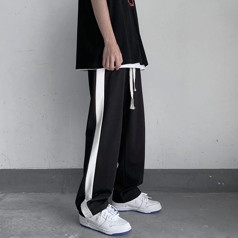 Side Stripe Contrast Cropped Casual Pants Men's Wide Leg Loose Straight Pants Korean Fashionable Student Sports Long Pants