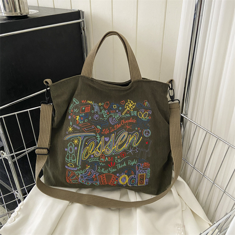 2023 New Fashion large capacity corduroy shoulder bag embroidered portable tote women's bag student crossbody shopping bag