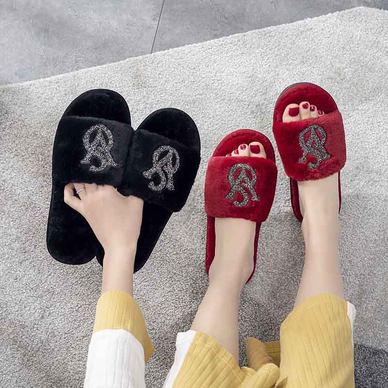 Rhinestone plush slippers women's foreign trade 2024 new home bright diamond warm fashion Open cotton slippers cross-border