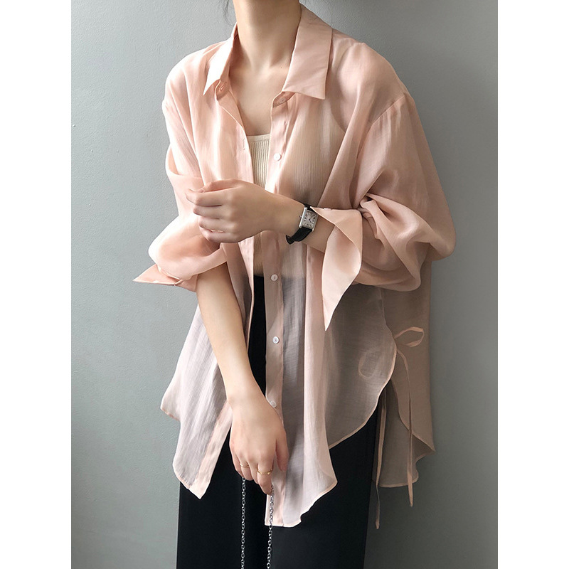 Words Double Strap Design Sense Shirt Women's 2024 Summer New Korean Style Shirt Lightweight Loose Sun Protection 3117