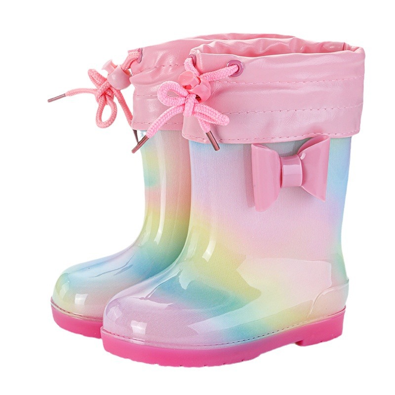 Children's rain boots girls' cute bow PVC non-slip comfortable mid-calf fleece-lined warm rain boots baby water shoes