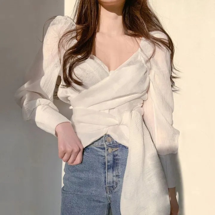 Korean Style Chic Spring and Autumn Elegant Elegant Pleated V-Neck Cross Strap Design Sense Niche Chiffon Shirt Top for Women