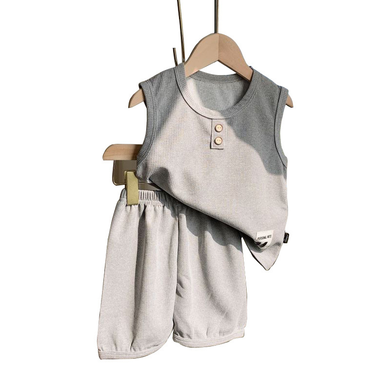 2025 New Korean Style Solid Color Elegant Children's Waffles Vest suit Boys Sleeveless suit Girls Summer