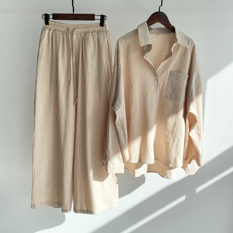 Cross-border Amazon Women's 2-piece Vintage Plus Size 2022 Cotton and Linen Shirt Set High Waist Loose Trousers