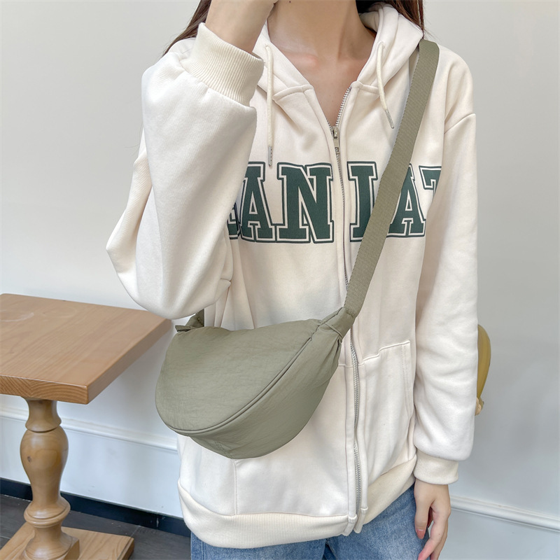 Ujia Dumpling Bag Solid Color Nylon Retro Stylish Fashion Student Underarm Bag Shoulder Bag Crossbody Bag All-match Cloth Bag