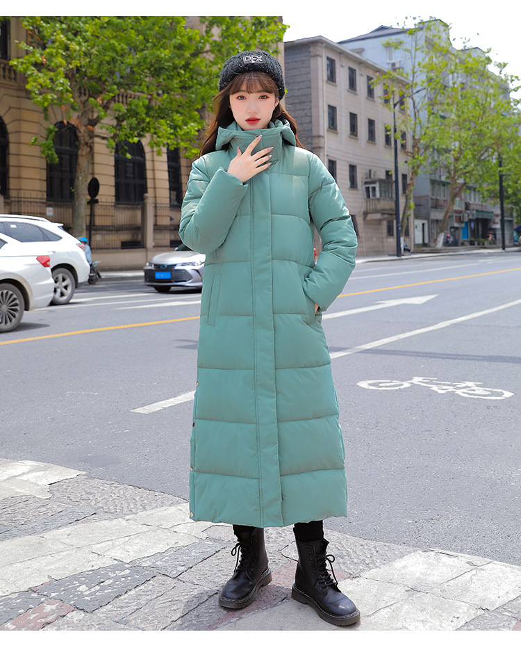 Long over-the-knee hooded Warm jacket jacket women's winter coat thickened warm over-the-knee solid color casual slim-fit cotton-padded jacket fashion_voghion.com