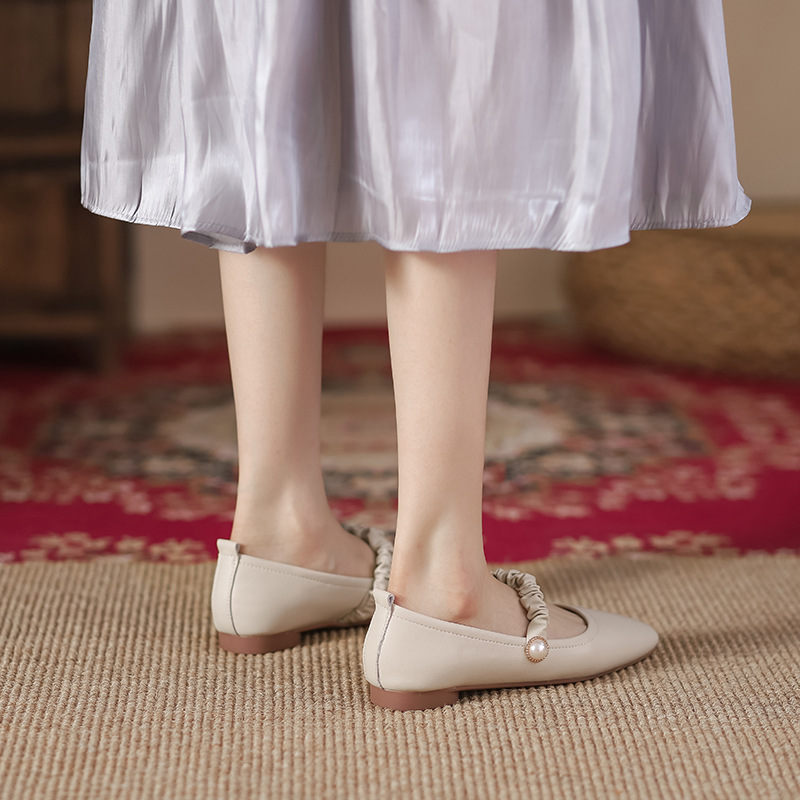 Genuine Leather Mary Jane Shoes Women's 2023 Spring New Genuine Leather Flat Shoes French Square Toe Bridesmaid Shoes Milk Shoes