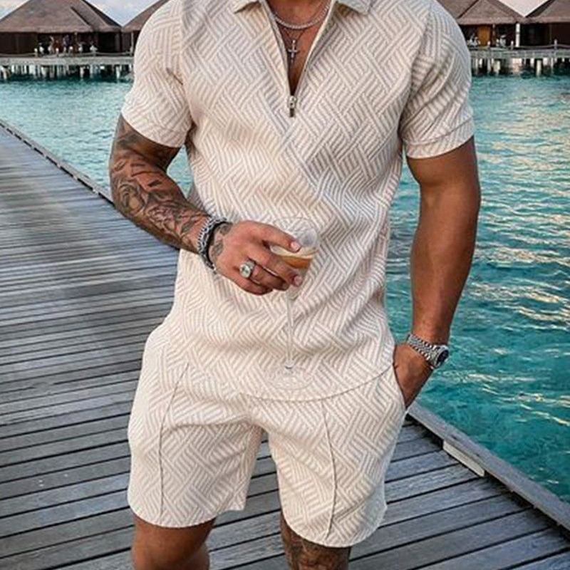 Cross-border Summer Men's 3D Printed Zipper Short-sleeved POLO Shirt Large Size Casual European and American Set Lapel Men's Shorts