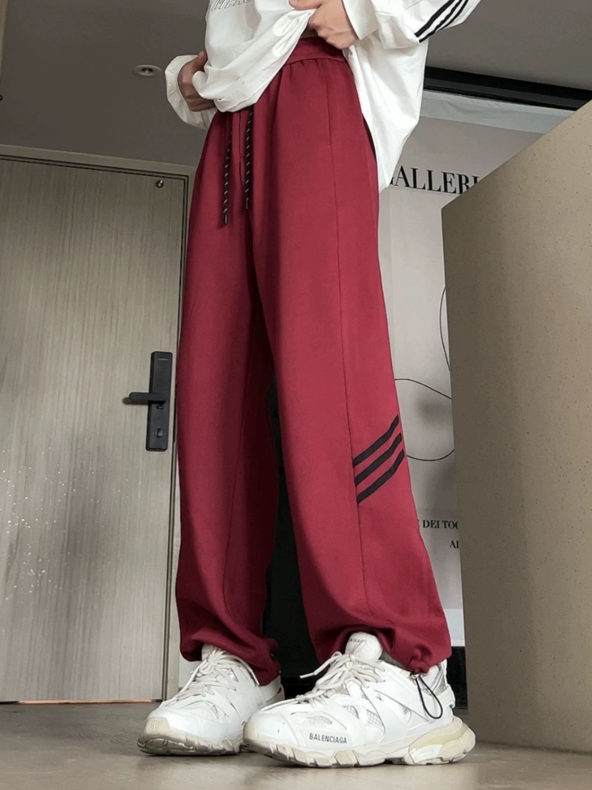 Spring and Autumn Loose All-match Straight Leg Grey Heavy Couple Sweatpants Men's Drawstring Striped High Street Casual Sports Pants
