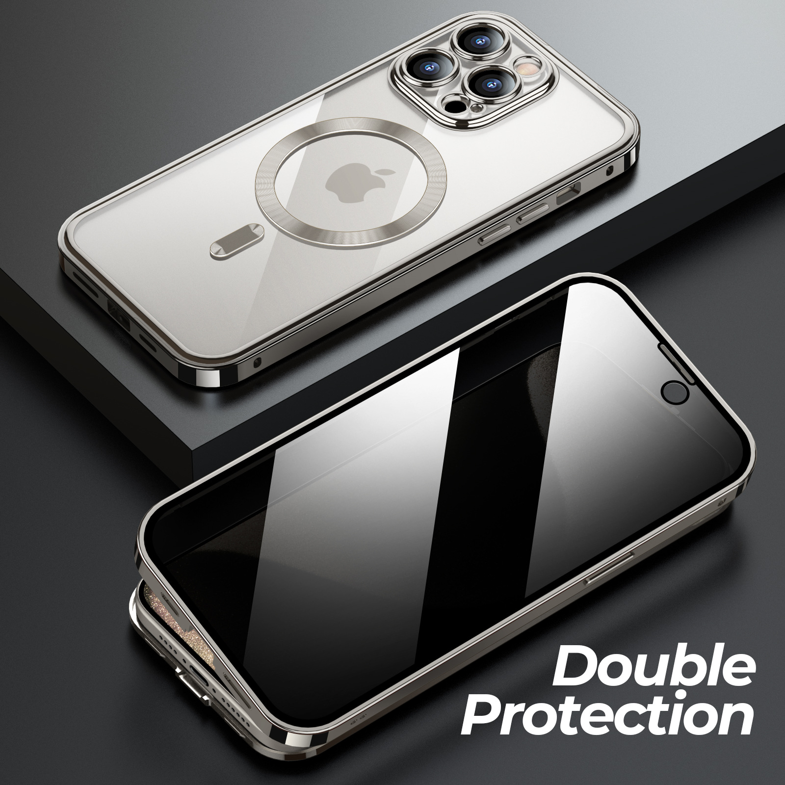 適用iphone15 pro金屬邊框手機殼蘋果13彈扣雙面保護殼