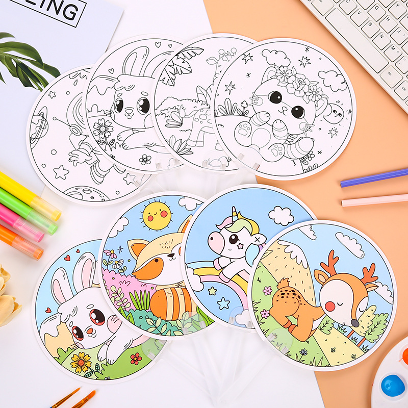 Children's Handmade Graffiti Fan Creative DIY Coloring Painting Small Fan Cartoon Blank Round Fan Educational Toy