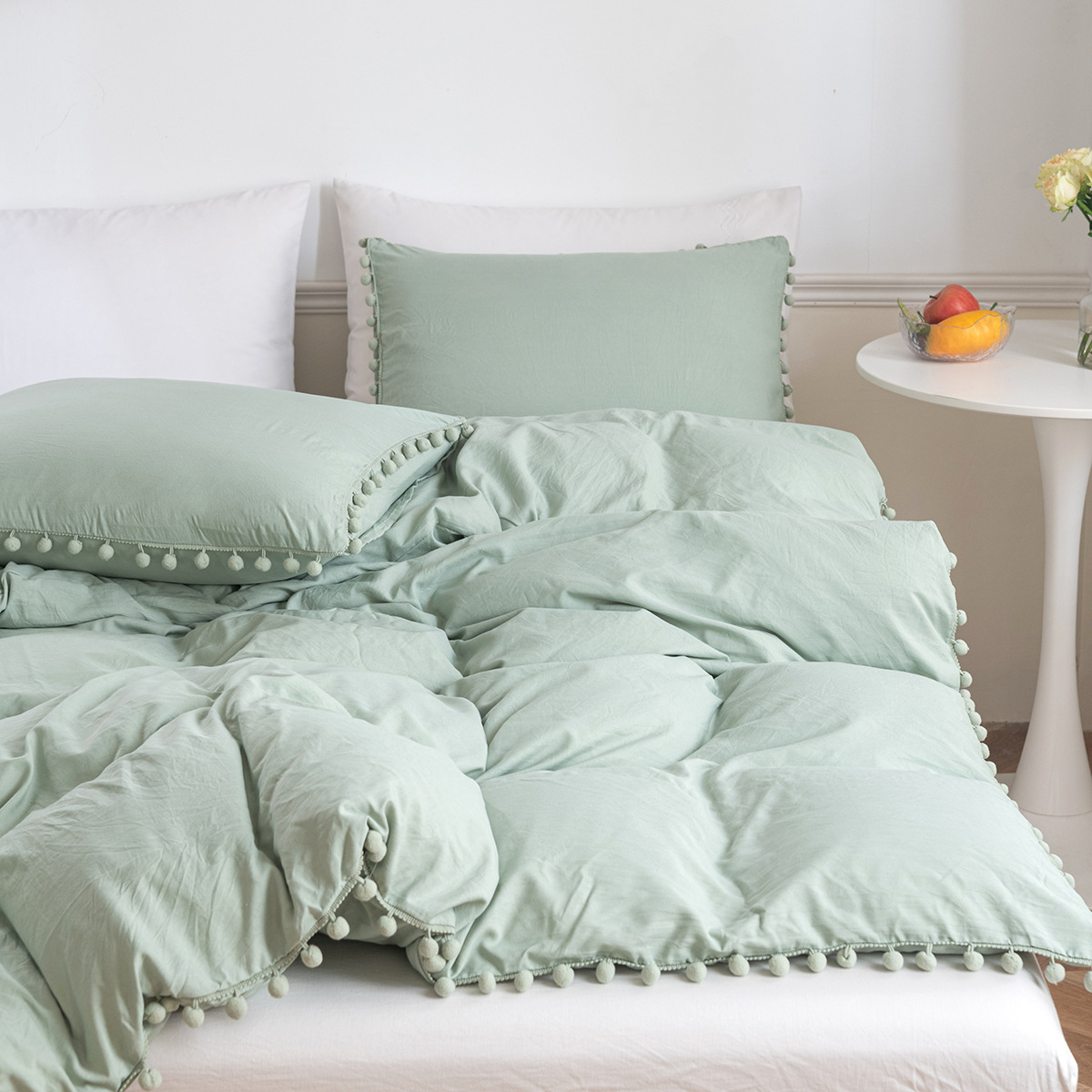 Cross-border Amazon Foreign Trade home textile supply three-piece bedding set solid color washed cotton ball quilt cover set