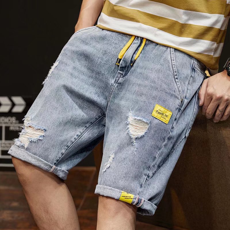 Denim shorts men's trendy loose shorts casual plus size elastic waist ripped Korean style outer wear shorts flow