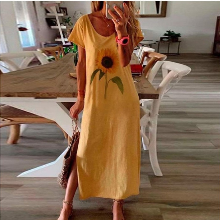 Wish AliExpress European and American Sunflower Plant Style Women's Printed Side Slit Dress Women's S-5XL