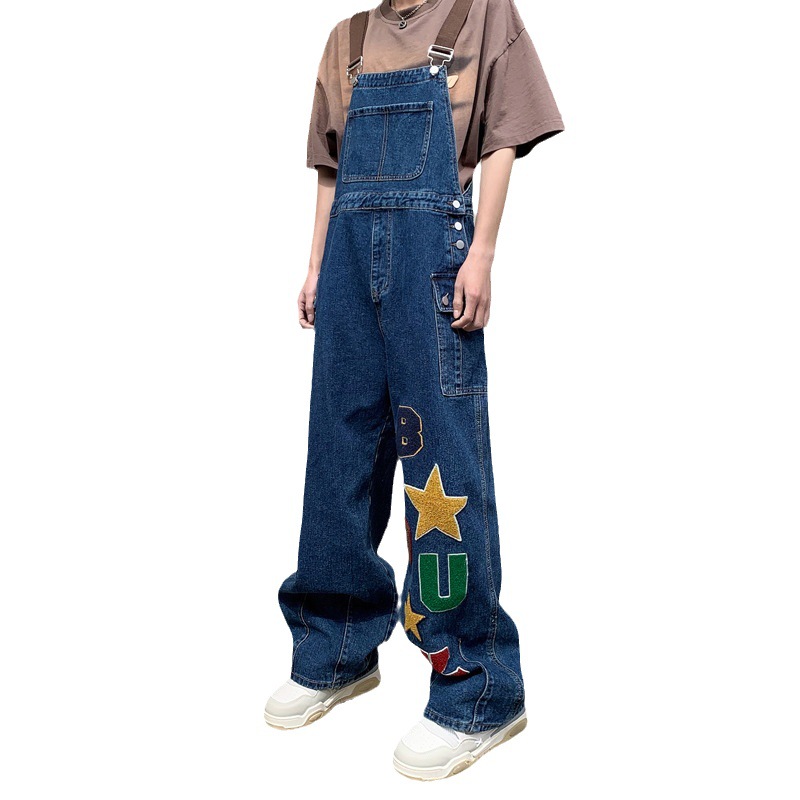 Hip Hop Retro Towel Embroidered Denim Strap Pants for Men and Women Autumn 2023 New Loose Straight Harron Wide Leg Pants