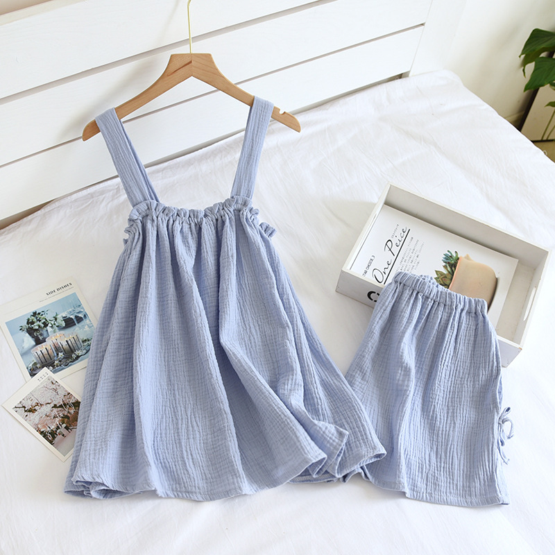 Pajamas Women's Summer New Pure Cotton Gauze Sling Shorts Vest Set Korean Style Cotton Yarn Sweet Loose Home Clothes