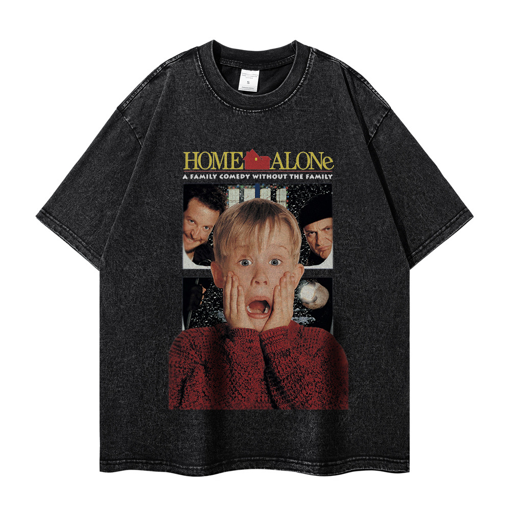 Retro short-sleeved men's and women's same style washed distressed loose round neck movie poster direct injection printed T-shirt fashion brand