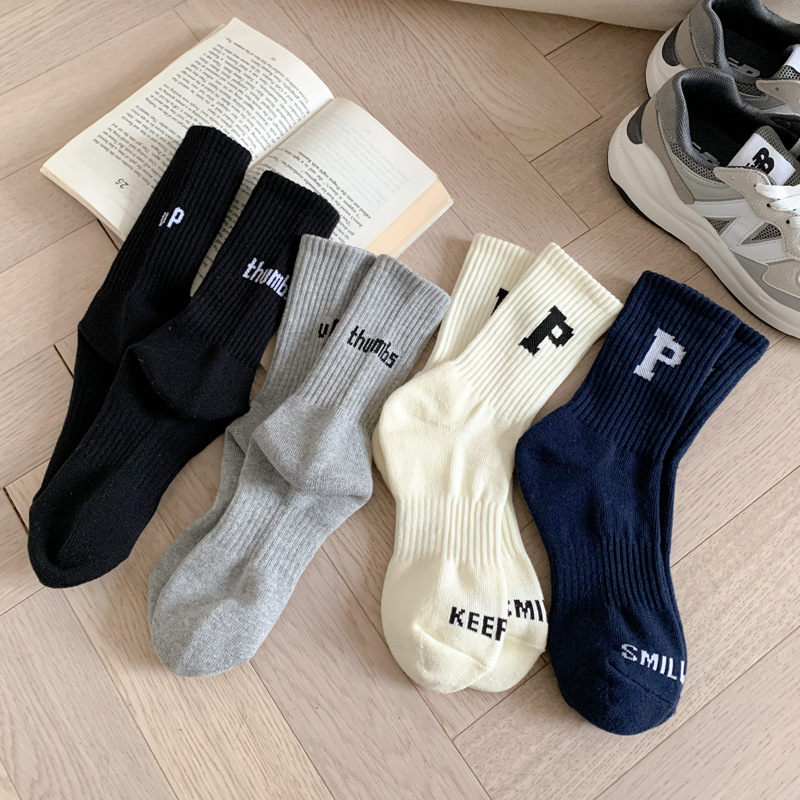 Women's Autumn and Winter Ins Fashionable Korean Style Sports Collocation Shark Pants Combed Cotton P Letter Mid-barrel Towel Socks