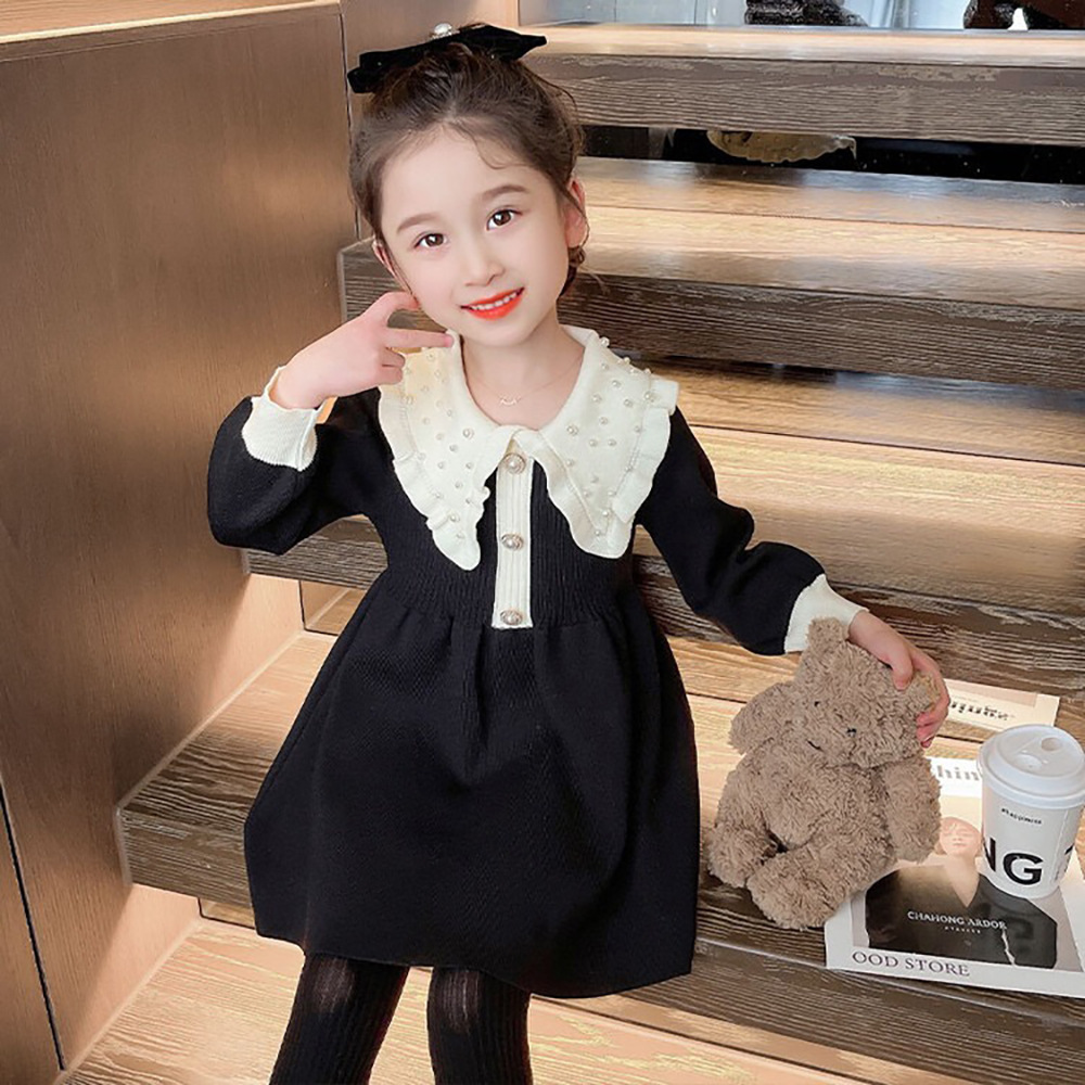 2024 spring new dress long sleeve beaded collar baby Western style dress little girl princess children sweater dress