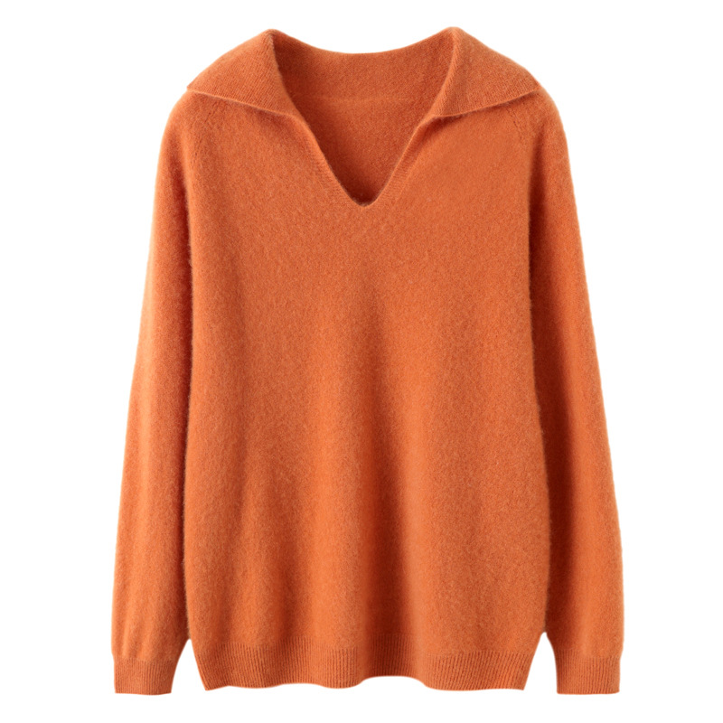 Autumn and winter New 100 pure woolen sweater women's elegant V-neck inner knitted bottoming lapel loose slimming outer sweater