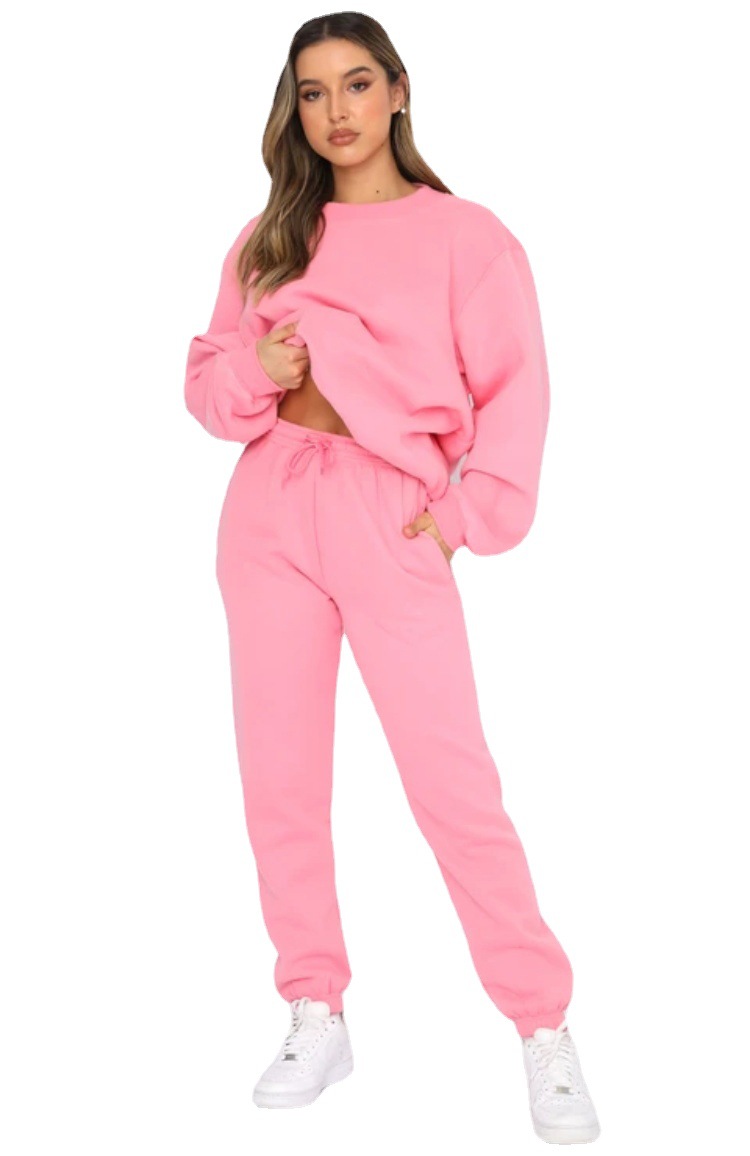 Cross-border European and American Autumn and Winter Solid Color Round Neck Pullover Trousers Women's Fashion Casual Long Sleeve Sweater Suit New Product