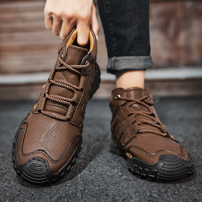 Autumn and Winter high-top casual men's shoes fleece-lined warm men's leather boots hand-stitched cross-border plus size workwear men's boots