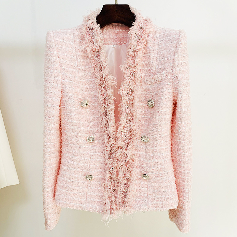 Spot 2024 Autumn and Winter New European and American Star Tweed Diamond Buckle Streamer Edge Heavy Industry Beaded Jacket Coat_voghion.com