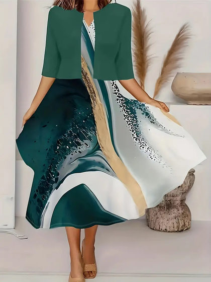 2023 European and American Amazon autumn new women's long dress two-piece set flowers and plants printed round neck dress coat for women