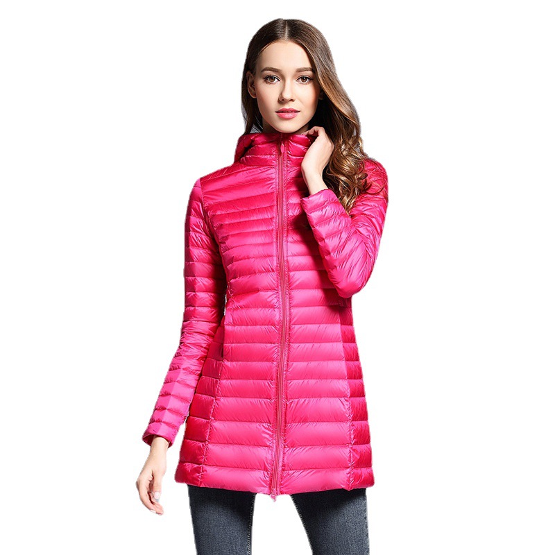 Autumn and Winter Women's Lightweight Mid-length Hooded Slim-fit Down Jacket Large Size Slimming White Duck Down Portable Jacket