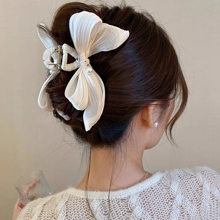 French elegant pearl bow clip female summer simple elegant high sense back head updo shark clip headdress