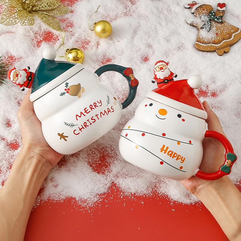 Creative Christmas Gift Ceramic Cup with Lid and Spoon Large Capacity Snowman Mug Santa Claus Water Cup Cross Border