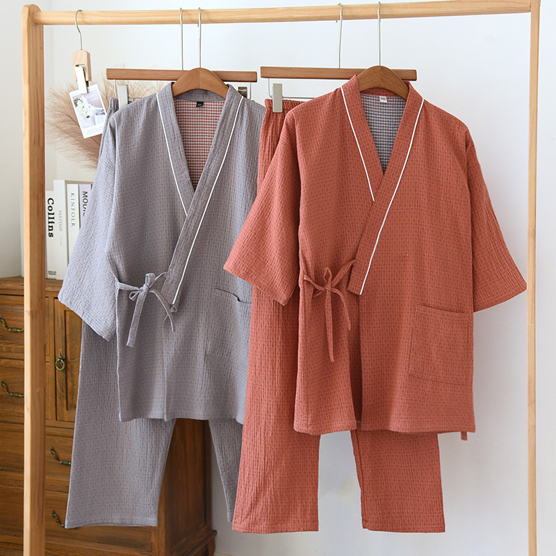 Kimono Men's and Women's Pure Cotton Yarn-dyed Gauze Sweatshirt Spring and Summer Thin Couples Home Suit Bathrobe