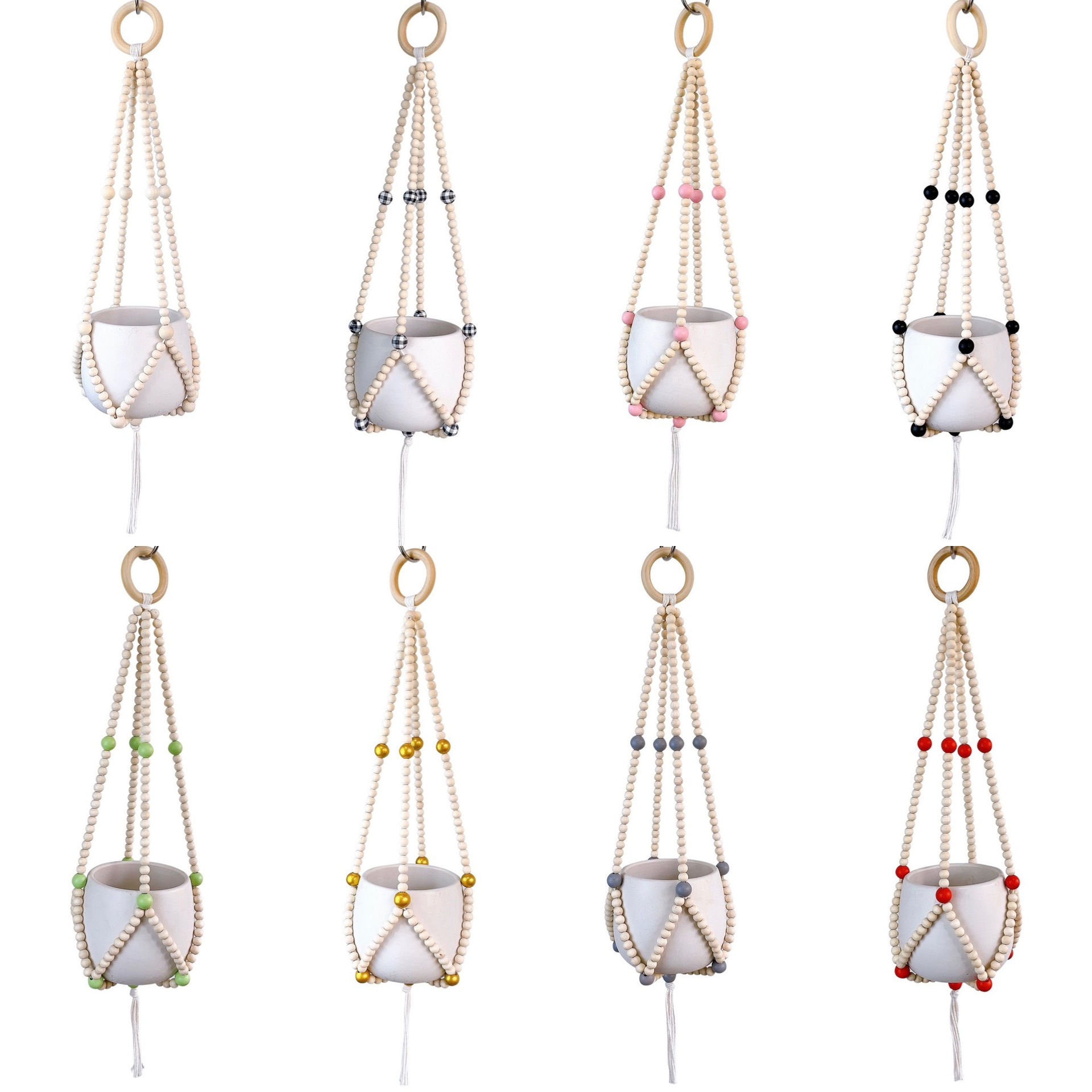 ins Nordic Style Wooden Bead Flower Pot Hanging Basket Hanging Ornaments Home Decoration Creative Bead String Tassel Flower Pot Hanging Basket