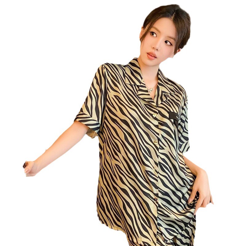 【緑シマウマ】新型パジャマ女性夏氷糸薄い半袖ファッション高級住宅服シマウマ柄シャツ|undefined