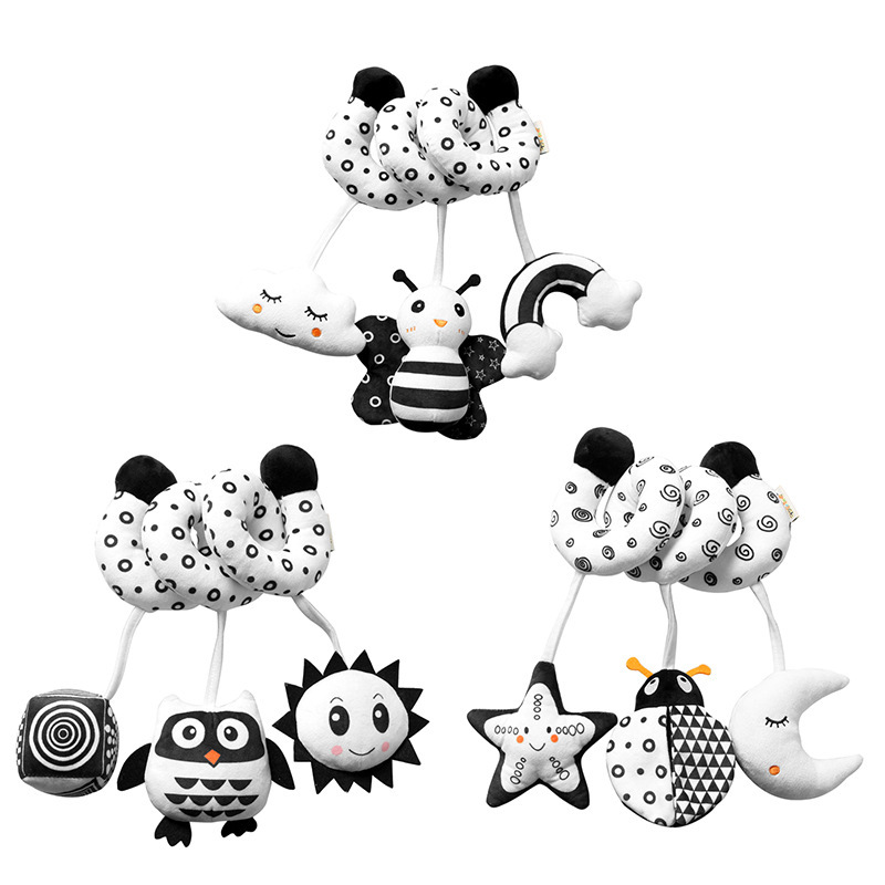 New Arrival Black and White Series Cartoon Animal Baby Bed Winding Toy with Bell Baby Bed Winding Toy
