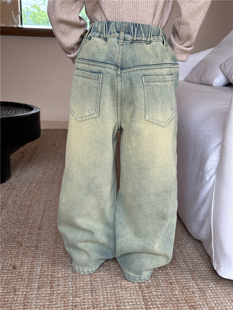 2024 Winter New Children's Wear Korean Style Children's fleece-lined Jeans for Boys and Girls One-piece Velvet Retro Straight Trousers
