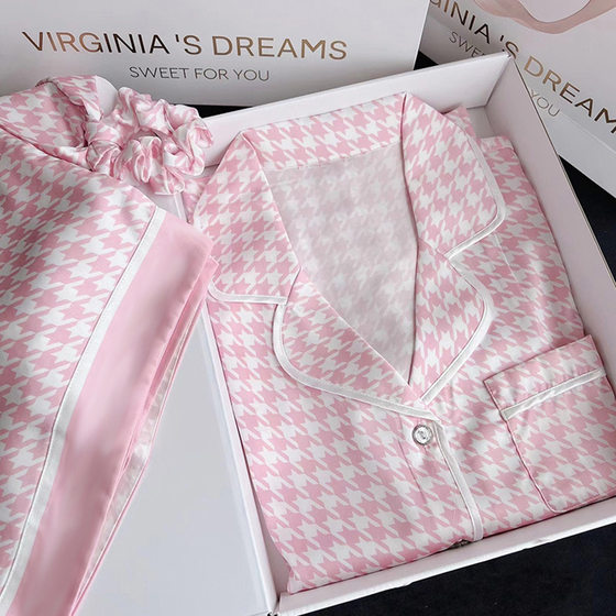Cross-border Korean ins houndstooth ice silk pajamas women's new casual home clothes short sleeve shorts two-piece wholesale