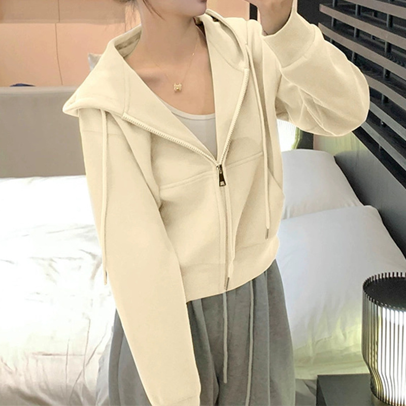 Autumn fleece-lined short hooded sweater coat for women 2023 new women's clothing autumn early autumn cardigan small top