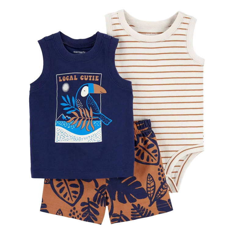 Foreign trade children's clothing new summer cross-border wholesale men's baby infant short sleeve shorts T-shirt bag fart clothes three-piece set