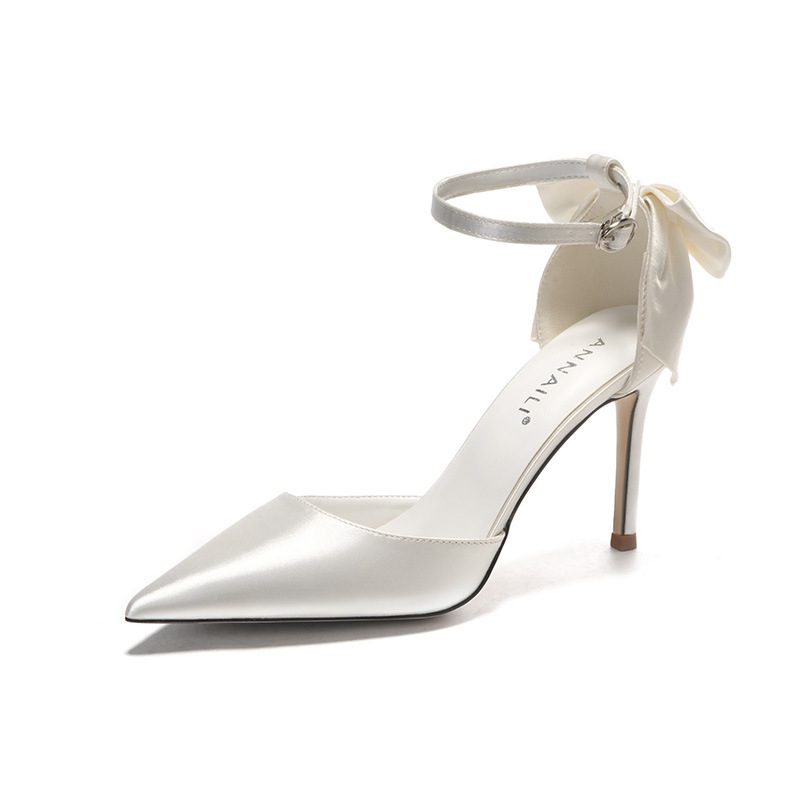 2023 new one-strap satin white wedding shoes sweet bow bridal shoes plus size high heels 42 43