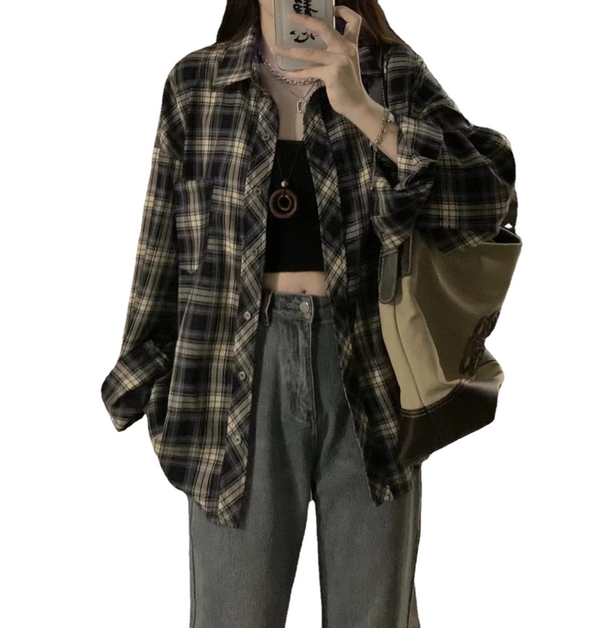 Retro Hong Kong style plaid shirt coat women's summer long-sleeved casual draping shirt design sense niche spring and autumn top