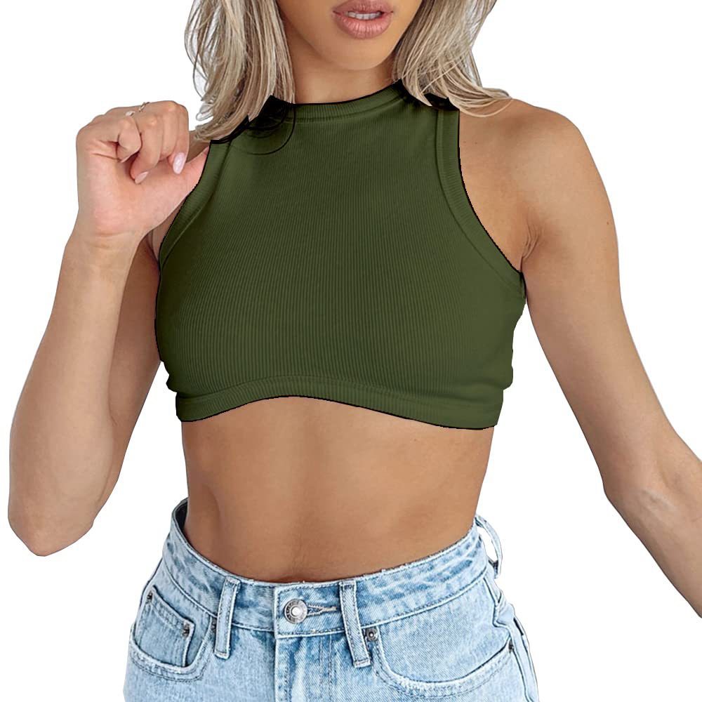 European and American Women's New Amazon Women's Sexy Sleeveless Round Neck Rib Knitted Vest Cropped Top