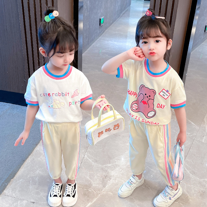 女童彩虹拉條休閒套裝2024夏季新款女寶寶洋氣運動二件套中小兒童