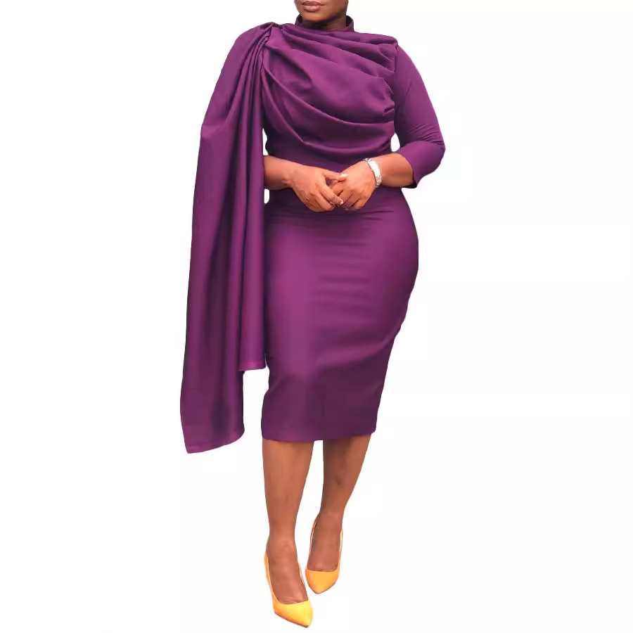 Women's clothing autumn and winter solid color semi-high collar long irregular dress