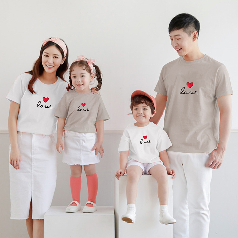 New Korean-style Parent-child Suit Family of Three Four Babies Mother-child Cotton Short-sleeved Cotton T-shirt Love Printed Family Suit