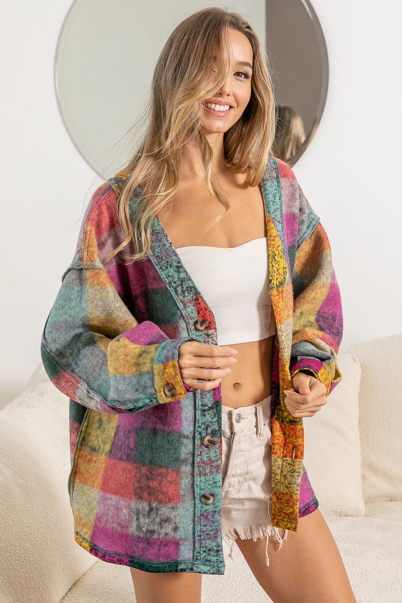 European and American popular 2023ebay Amazon autumn and winter New single-breasted long-sleeved cardigan color plaid coat for women