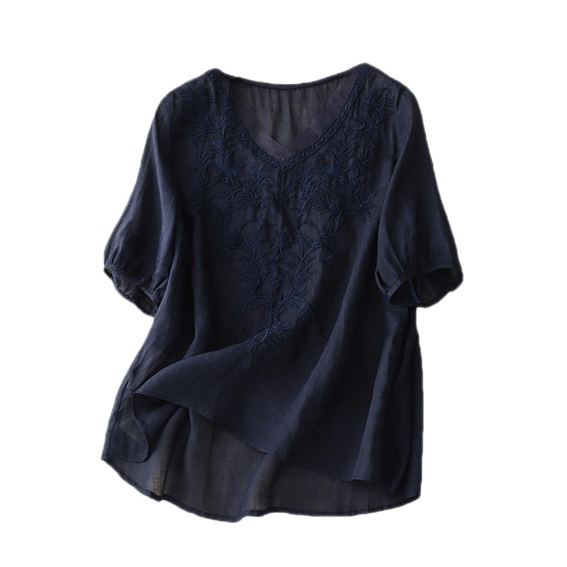 Real shot 2023 Summer new cotton and linen embroidery art retro top T-shirt women