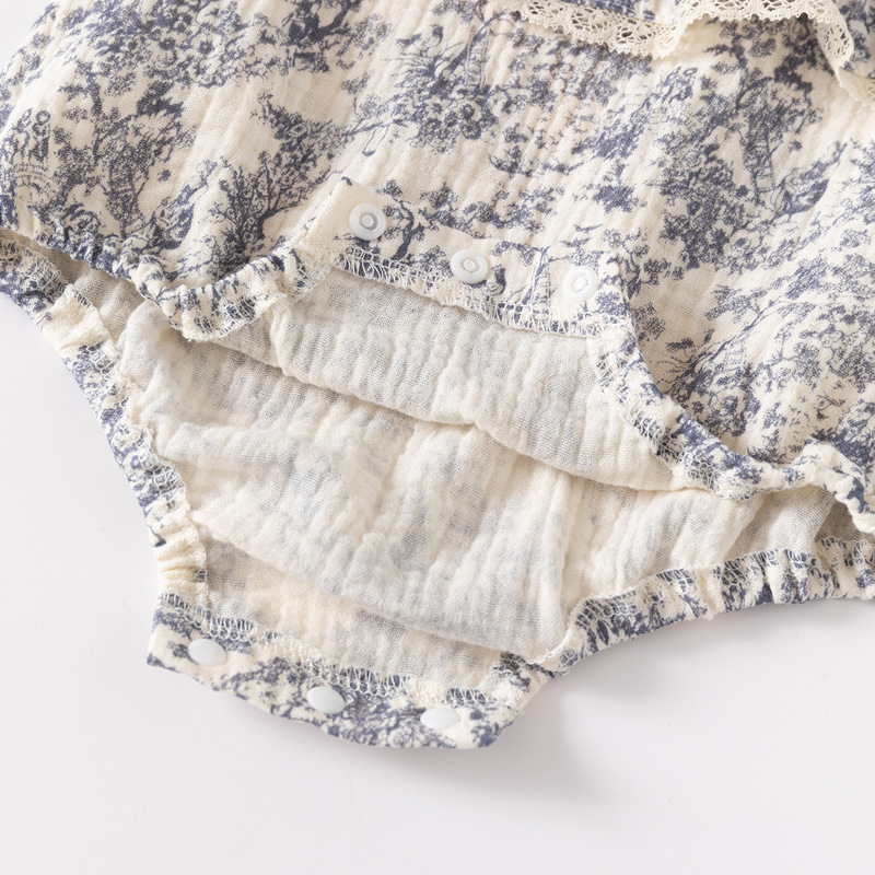 Foreign-style baby clothes pure cotton gauze ink painting ha-coat long-sleeved baby girl's triangular fart jumpsuit hat