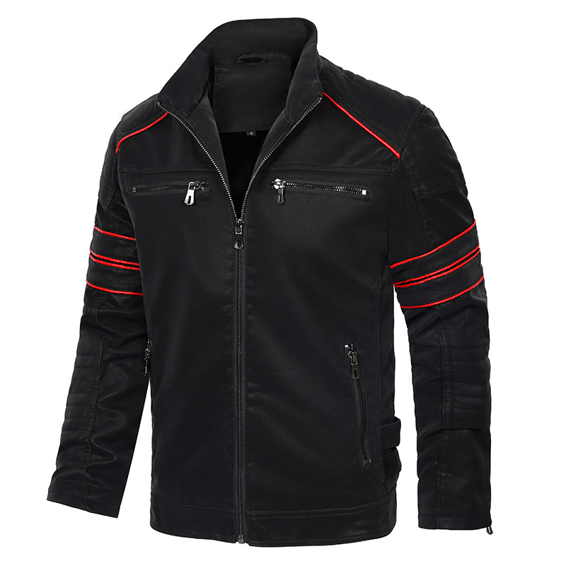 Cross-Border Men's autumn and winter frosted leather coat fashionable stand collar brushed PU jacket motorcycle fashion brand Slim jacket
