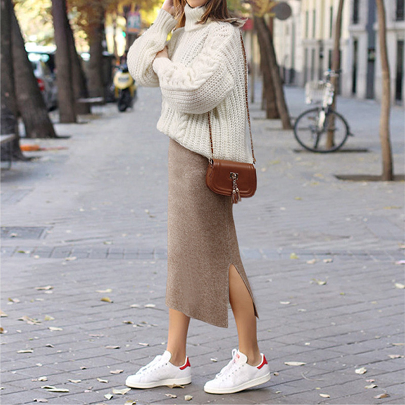 Wool skirt women's autumn and winter 200kg knitted hip wrap skirt long high waist size thick split one-step skirt